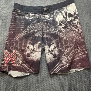 Xtreme Couture Affliction Board Shorts Mens Size 43 Black Red Y2K Skate Surf UFC